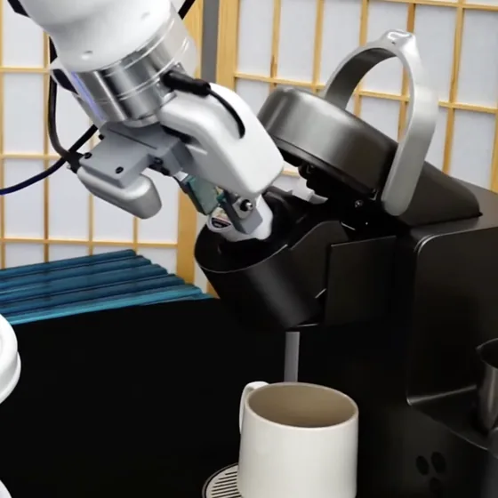 A robot arm operating an espresso machine and pouring a cup of coffee